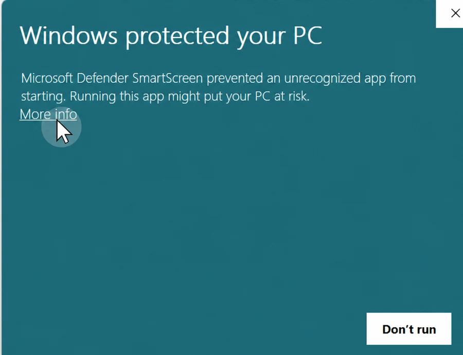 Windows SmartScreen prompt showing the More info link for ClickDraft setup